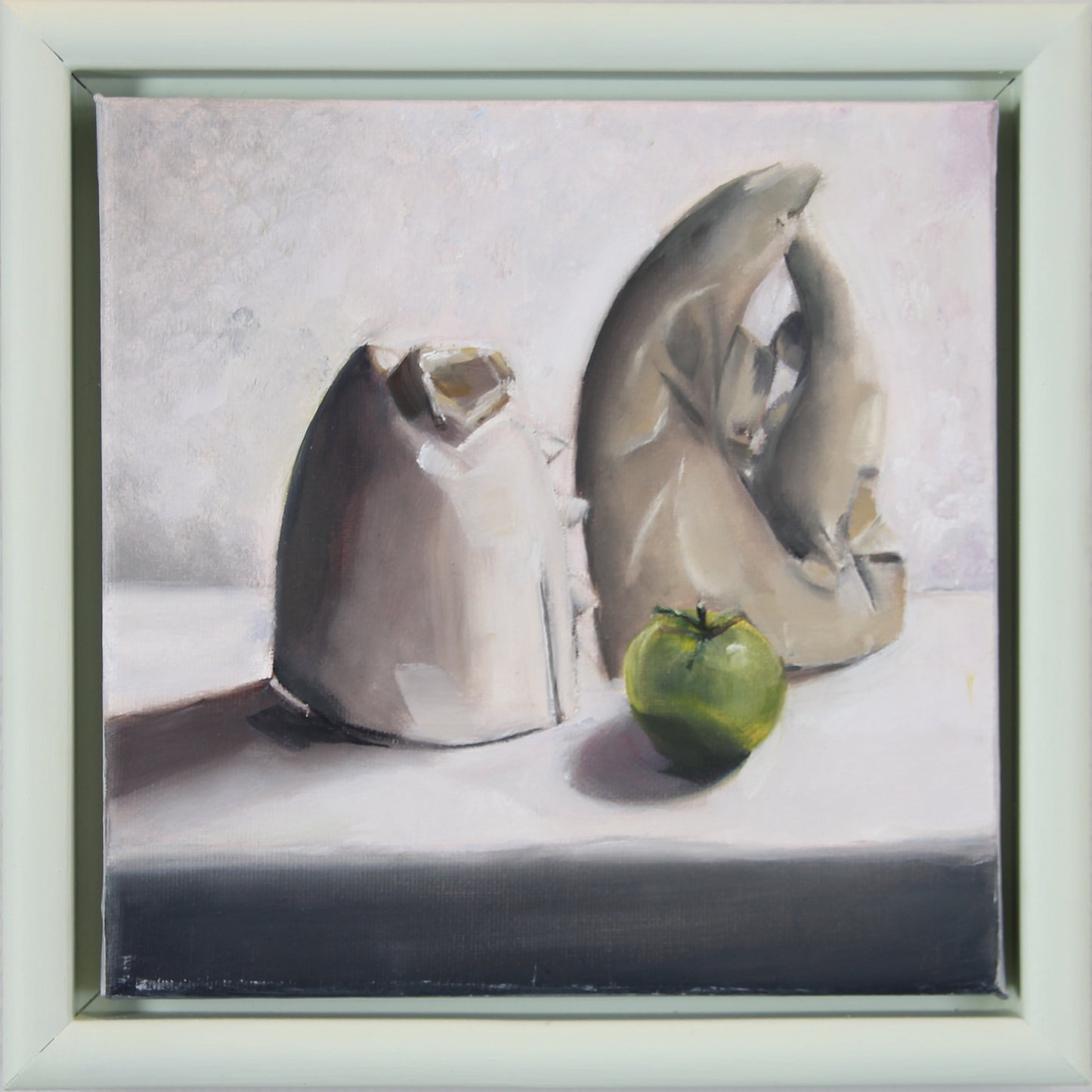 Tid på hylla, olje på lerret, 20x20, sveveramme. Originalt maleri tilgjengelig hos Galleri Drøbak.
