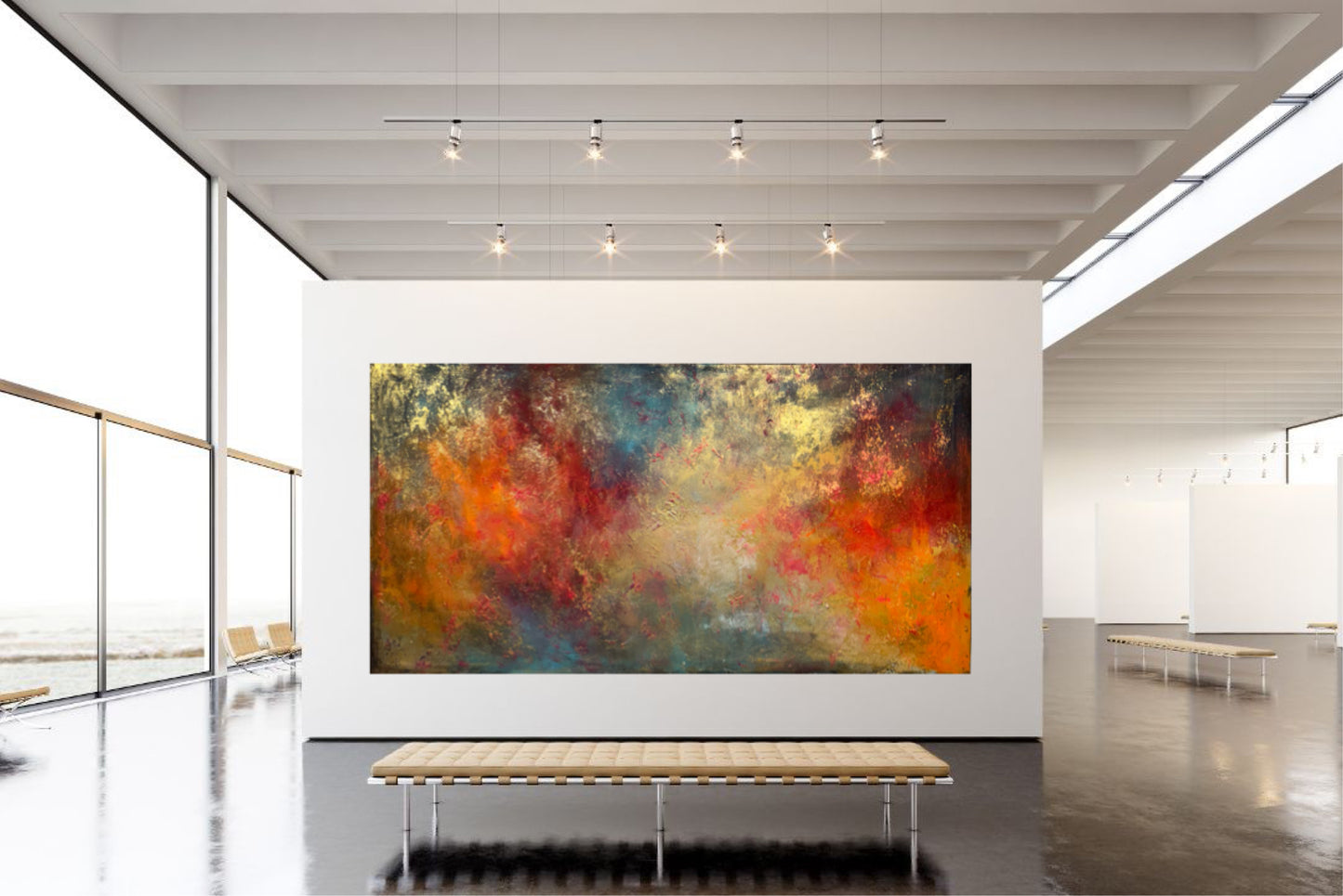 Stormens øye – akrylmaleri av Marit Junge vist i gallerirom