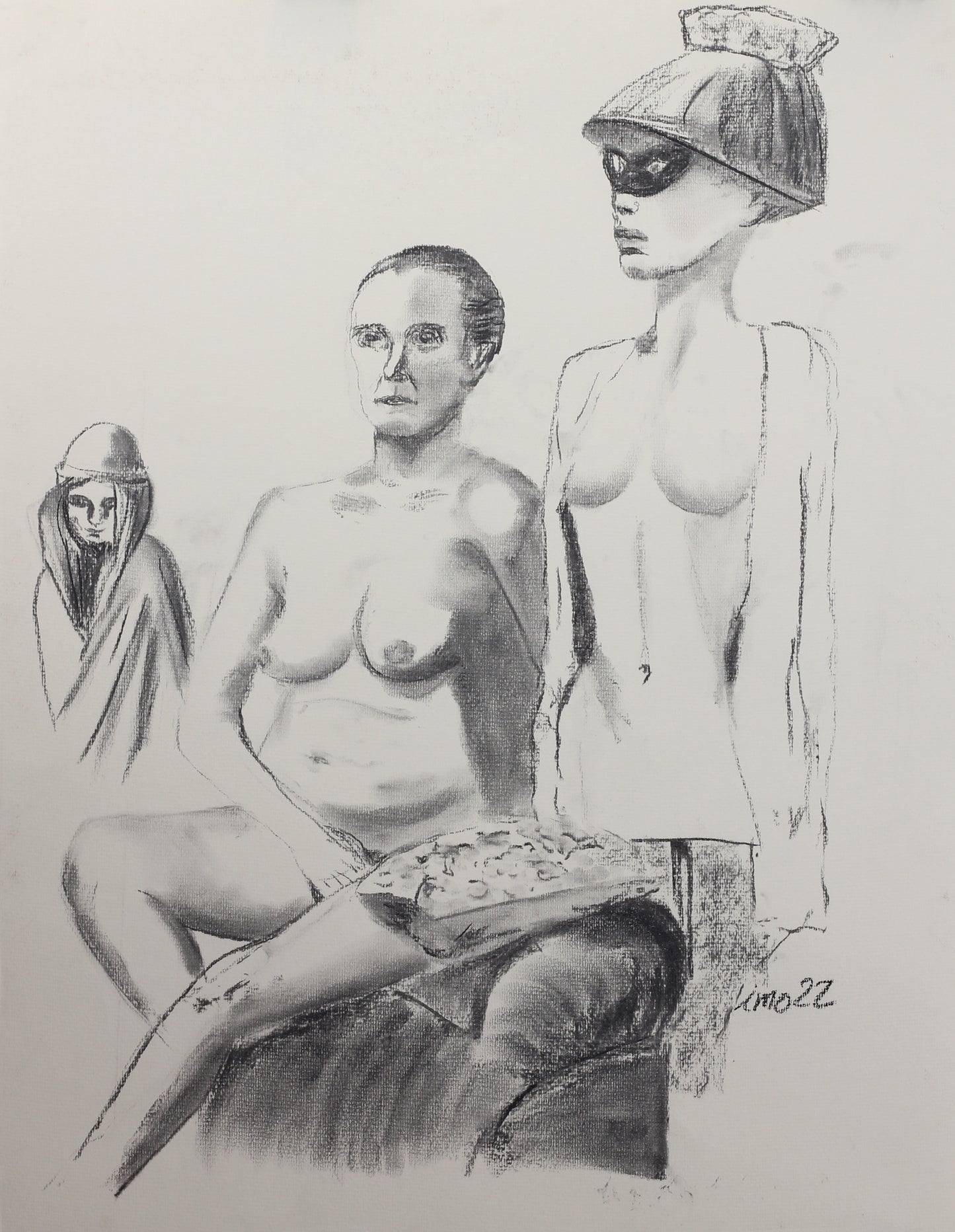 Trio – kritt tegning av Irene Olaussen | Galleri Drøbak