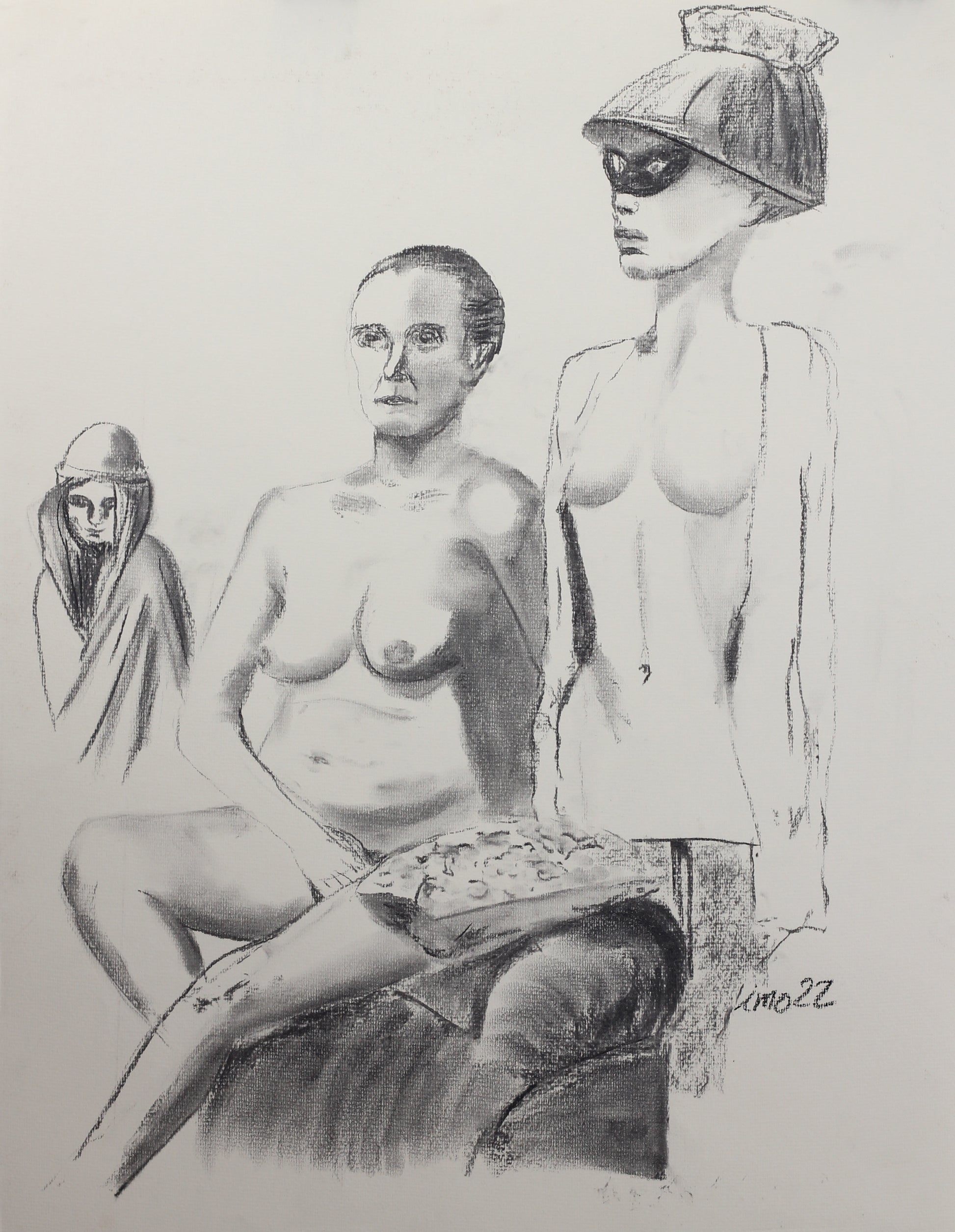 Trio – kritt tegning av Irene Olaussen | Galleri Drøbak